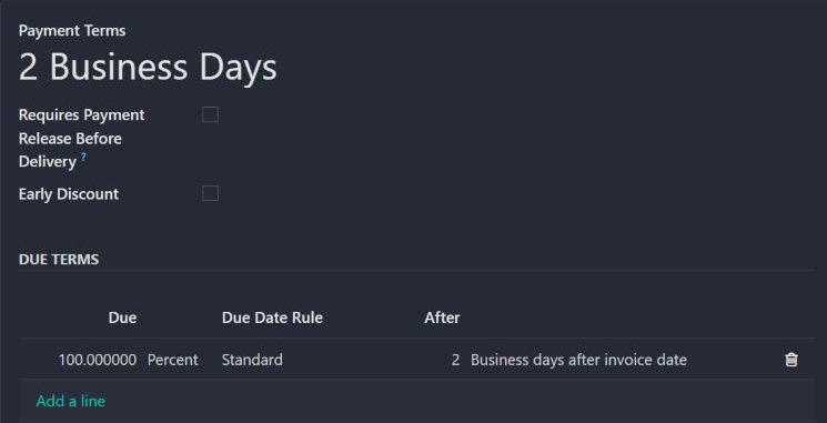 Actual saved 2 Business Days payment term. The configured due-term row is preserved; Odoo’s built-in fictional amount preview is outside the crop. No payment terms were edited.