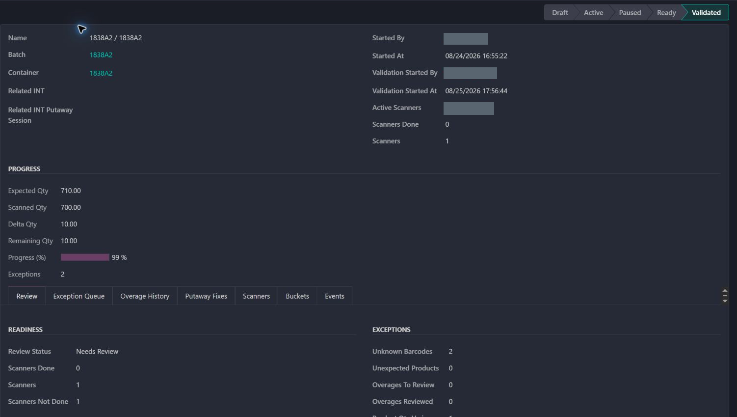 Container receiving integrity: actual module screenshot