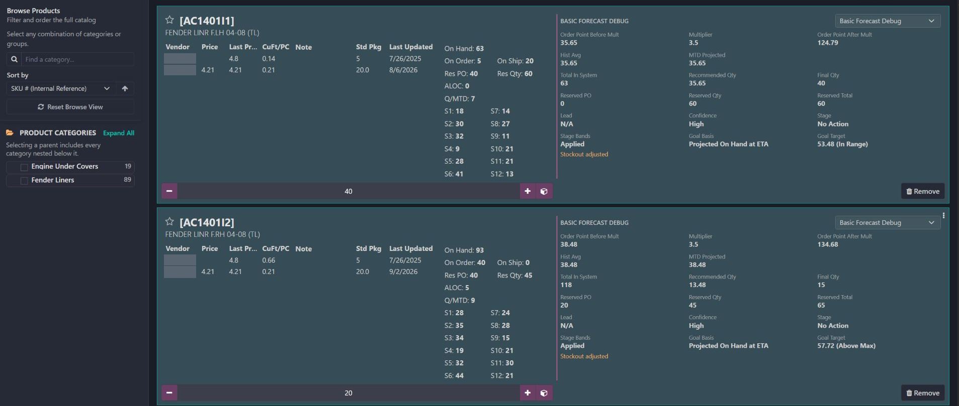 Actual purchase-order catalog with two product cards and their Basic Forecast Debug panels. The category browser, supplier-price columns, stock signals and order controls are preserved. Supplier names and the order header are protected.